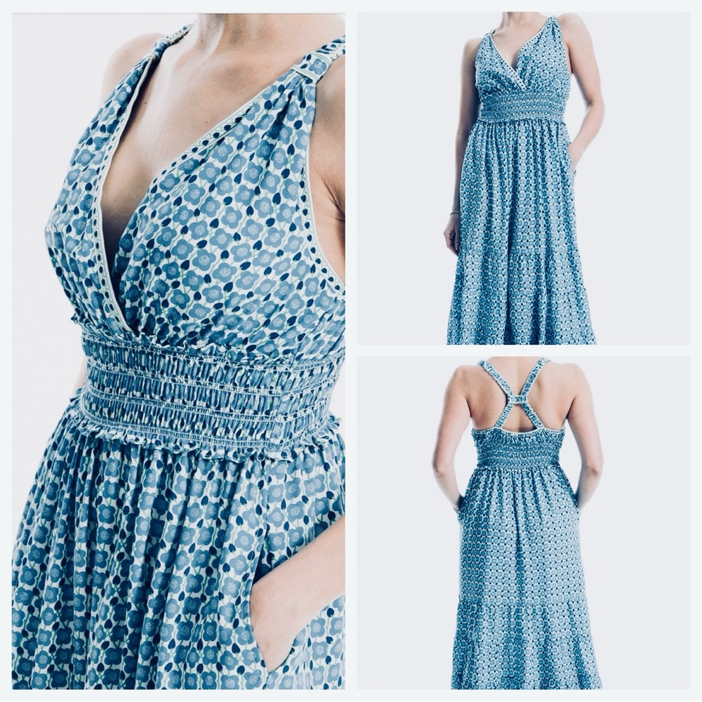 Max Studio Light Blue Printed Smocked Maxi Dress